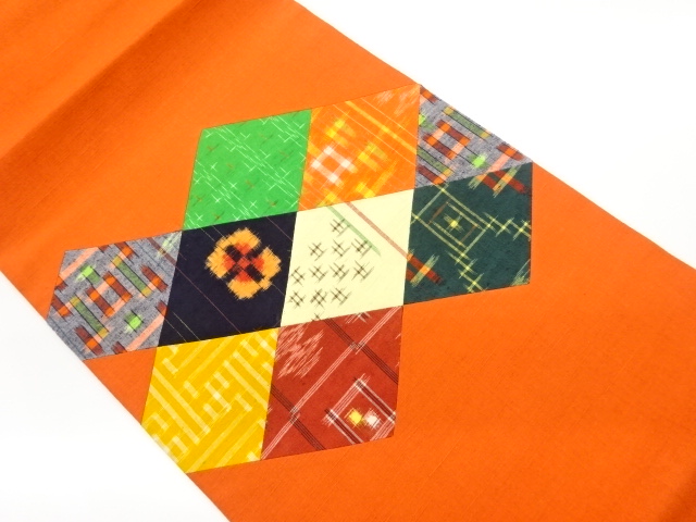 JAPANESE KIMONO / VINTAGE HIRAKI NAGOYA OBI / TSUMUGI / WOVEN RHOMBUS & KASURI PATTERN